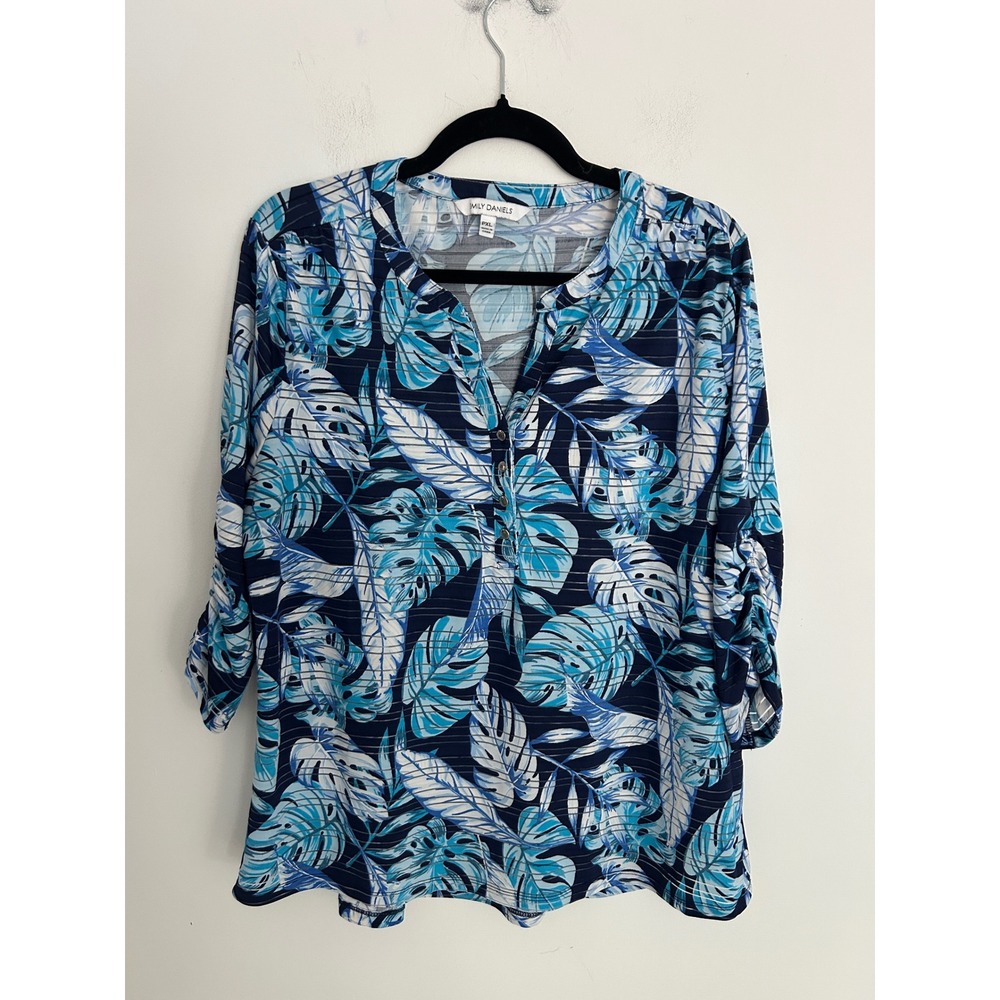 Emily Daniels Tropical Monstera Leaf Henley Top Blue White Petite XL Travel Wear
